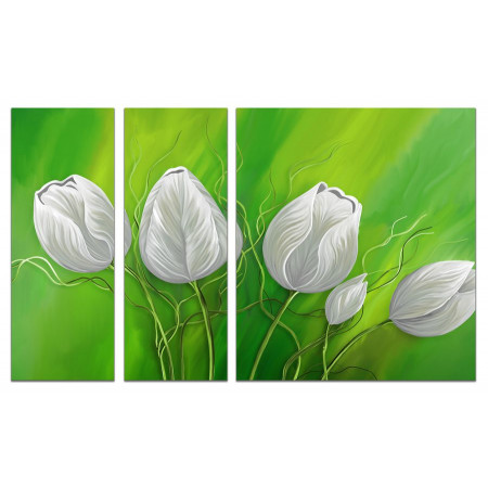 Модульная картина "Белые тюльпаны на зеленом фоне" из 3х частей 80х140 VJ83