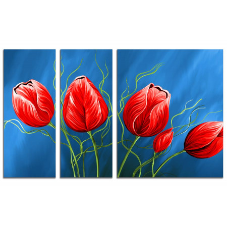 Модульная картина "Красные тюльпаны на синем фоне" из 3х частей 100х60 VS84