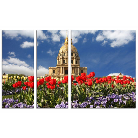 Модульная картина "Лужайка тюльпанов возле собора" из 3х частей 100х60 VS701
