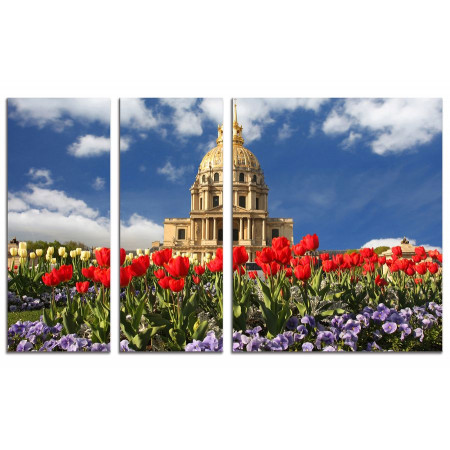 Модульная картина "Лужайка тюльпанов возле собора" из 3х частей 100х60 VS506
