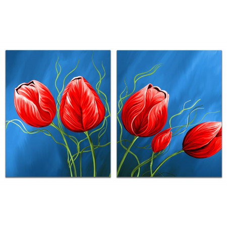Модульная картина "Красные тюльпаны на синем фоне" из 2 х частей 60х100 GT84