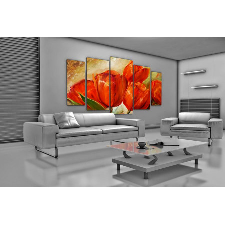 Модульная картина "Красные тюльпаны на бежевом фоне" 120х250 U94