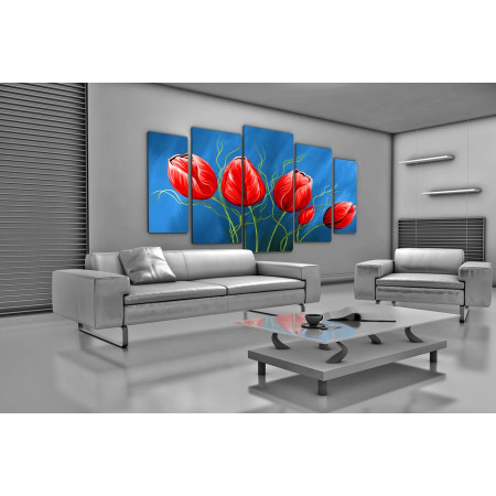Модульная картина "Красные тюльпаны на синем фоне" 120х250 U73
