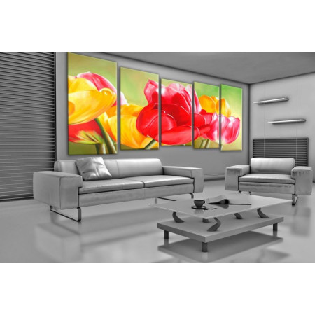 Модульная картина "Красные тюльпаны в букете с желтыми" 120x310 SR68