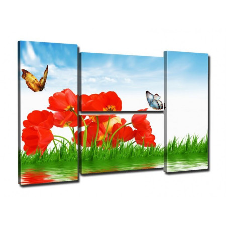 Модульная картина "Бабочки и красные тюльпаны" Четверник 80Х140 Q781