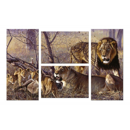 Модульная картина "Львы на природе" четверник 100х60 W762