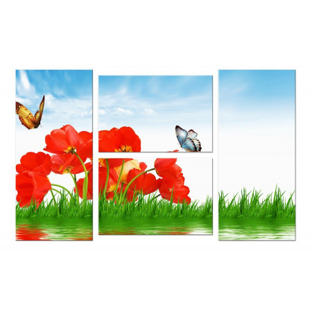 Модульная картина "Бабочки и красные тюльпаны" Четверник 100х60 W726
