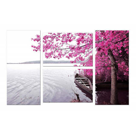 Модульная картина Четверник "Лодка под сакурой на берегу озера" 100х60 W671