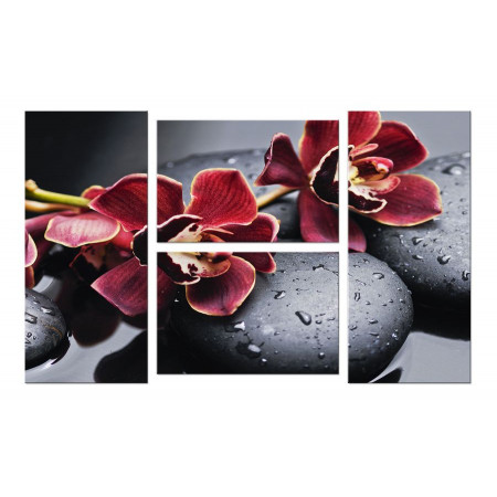 Модульная картина "Бордовые цветки орхидеи на камнях" четверник 100х60 W620