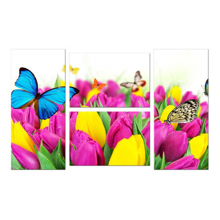 Модульная картина "Бабочки и тюльпаны" Четверник 100х60 W45