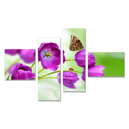 Модульная картина "Бабочка на фиолетовых тюльпанах" четверник 80х140 Y 243