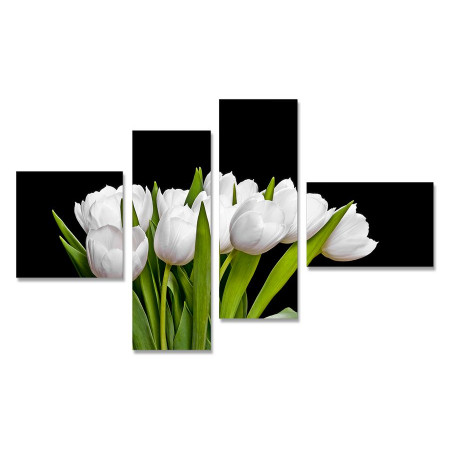 Модульная картина "Букет из белых тюльпанов на черном фоне" четверник 80х140 Y 232