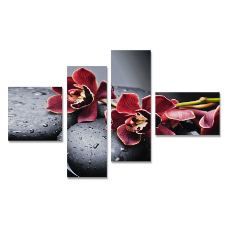 Модульная картина "Бордовые цветки орхидеи на камнях" четверник 80х140 Y223