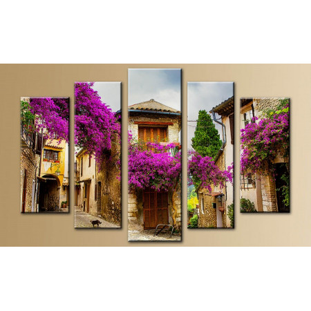 Модульная картина "Дом украшенный филетовыми цветами" 80х140 M71