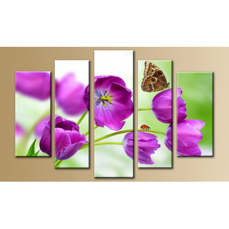 Модульная картина "Бабочка на фиолетовых тюльпанах" 80х140 M623