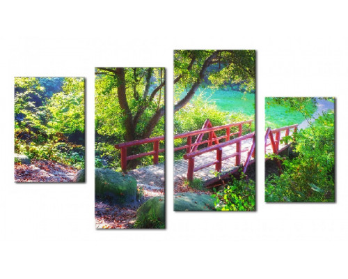 Модульная картина "Деревянный мост с красными перилами" 80х130 ЧТ1