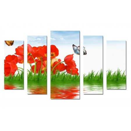 Модульная картина "Бабочки и красные тюльпаны" 70х120 Ш784