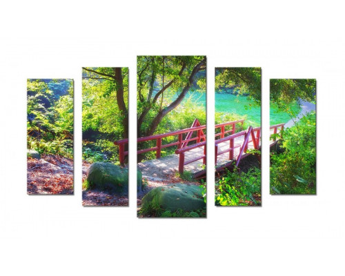 Модульная картина "Деревянный мост с красными перилами" 70х120 Ш5