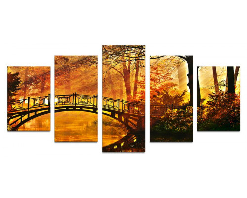 Модульная картина "Мост в лесу на закате" 110х50 К890