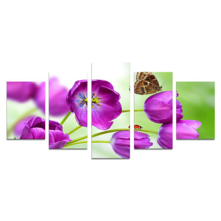 Модульная картина "Бабочка на фиолетовых тюльпанах" 110х50 К683
