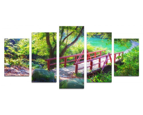 Модульная картина "Деревянный мост с красными перилами" 110х50 К206