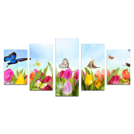 Модульная картина "Бабочки на тюльпанах" 110х50 К202