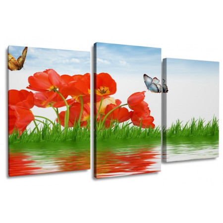 Модульная картина "Бабочки и красные тюльпаны" 100х60 S782