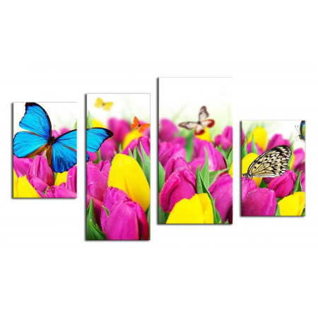 Модульная картина "Бабочки и тюльпаны" 80х130 ЧТ37